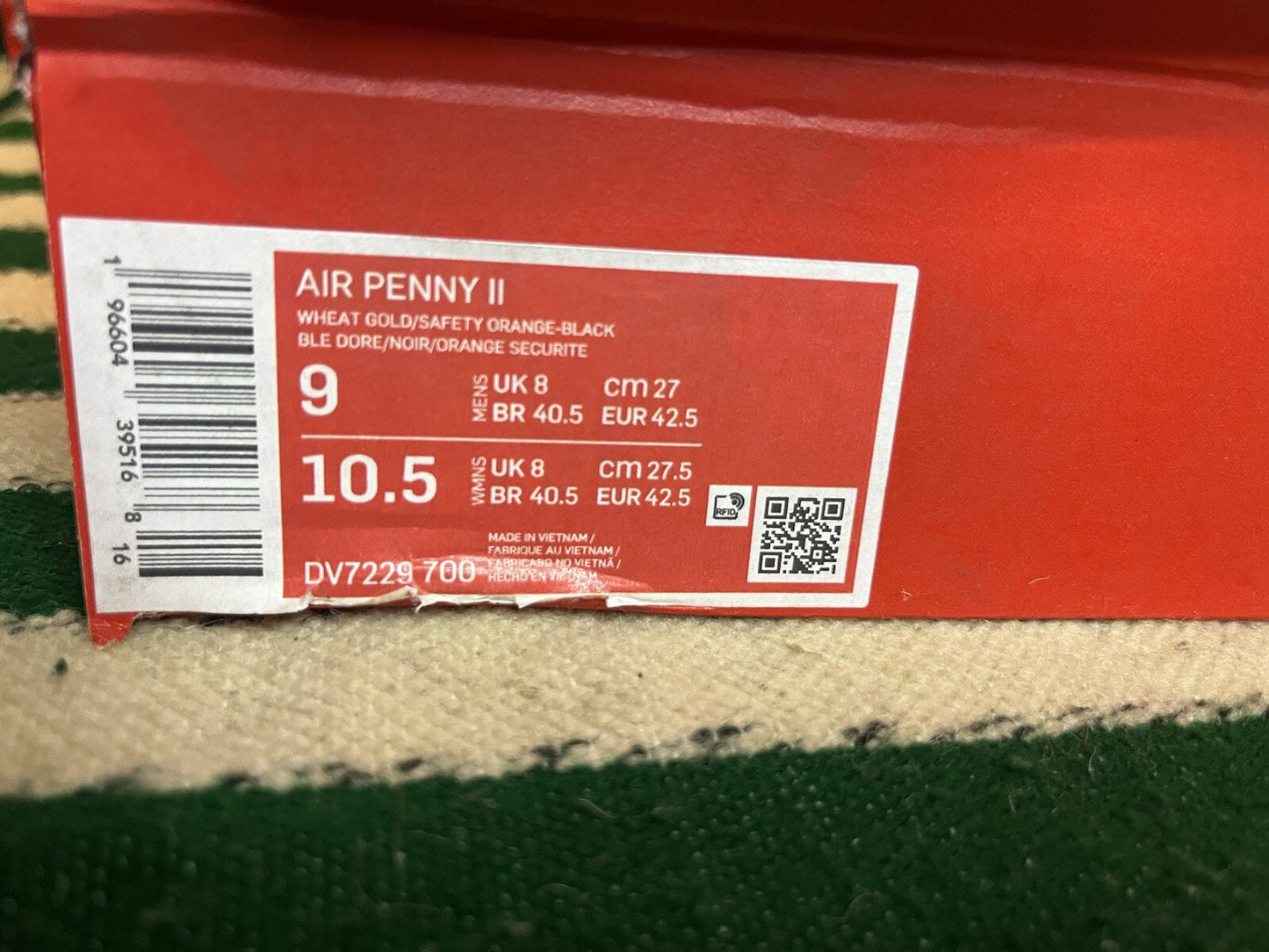 Nike Air Penny 2 Trainers Wheat Gold/Safety Orange Black Size UK 8/US 9
