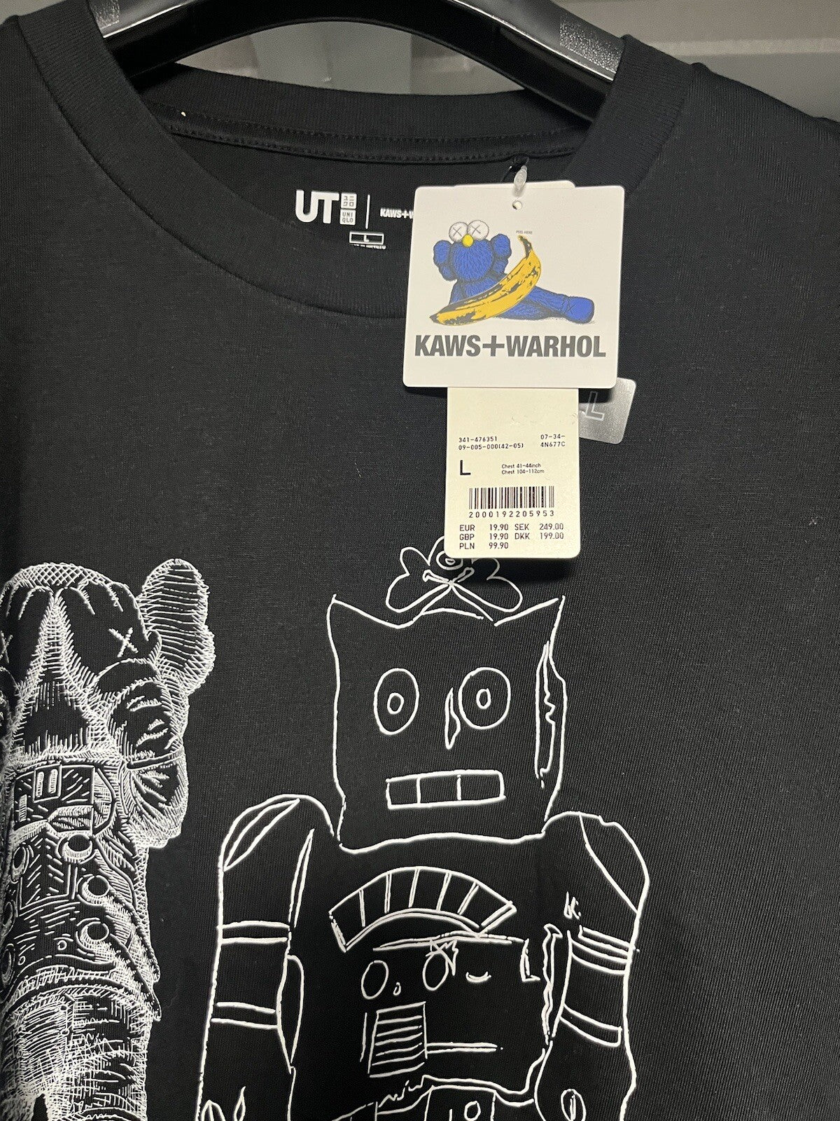 Uniqlo Andy Warhol x KAWS Black T-Shirt - Mens LARGE - Robot Cool Tee