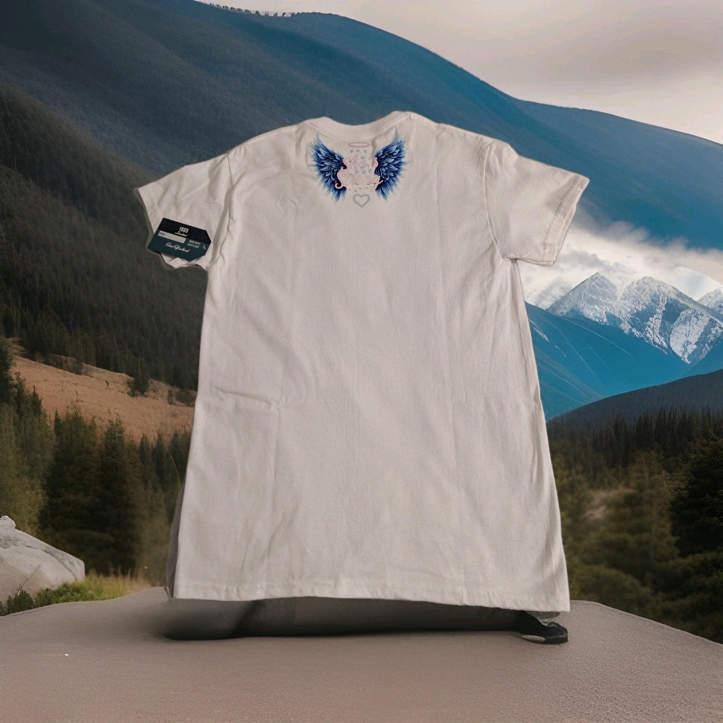 Stitch & Fairy Printed T Shirt She's Strong with wings on the back Custom Made