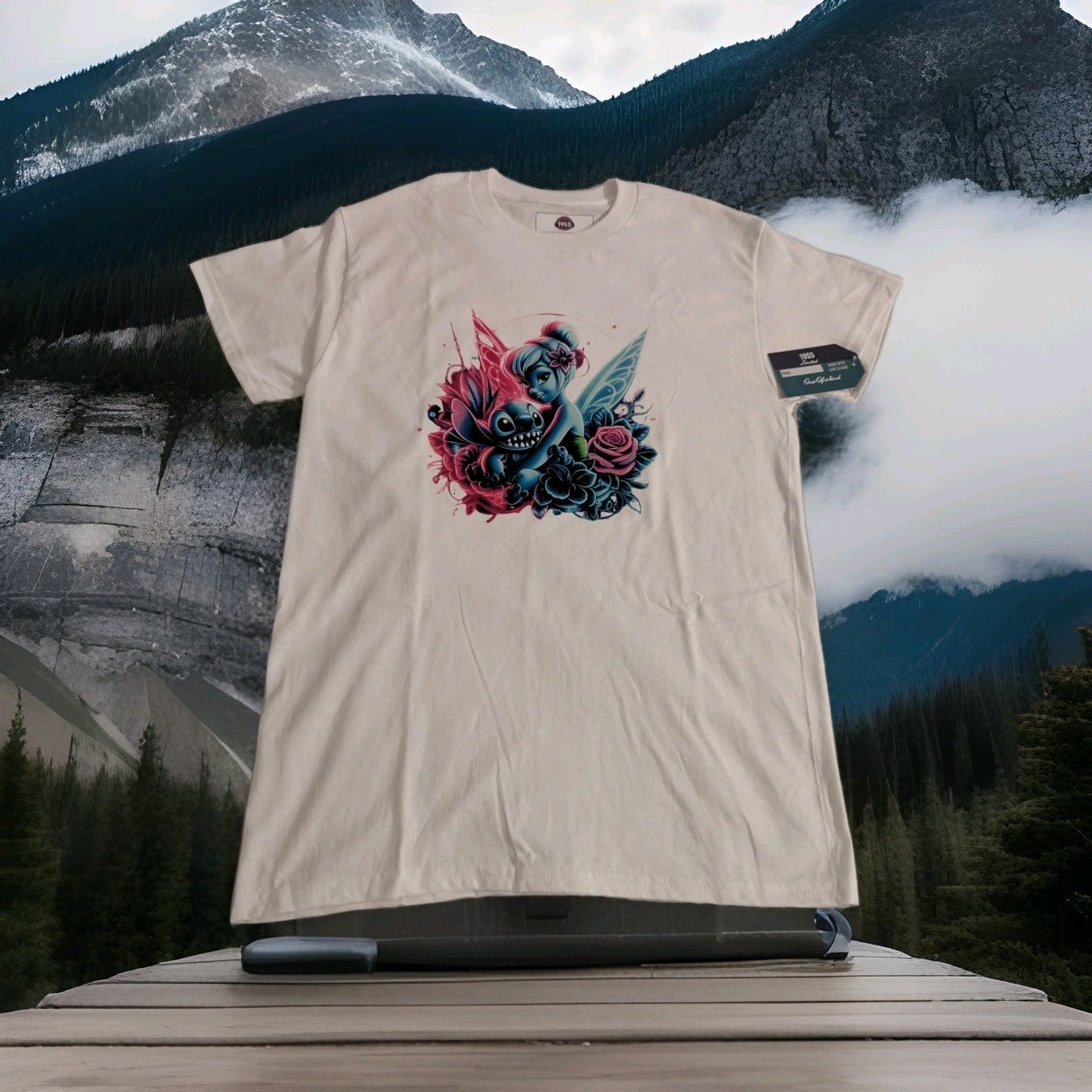 Stitch & Fairy Printed T Shirt She's Strong with wings on the back Custom Made